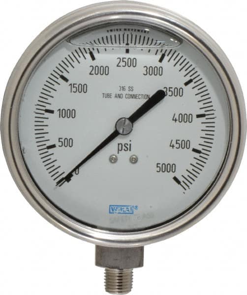 Wika - 4" Dial, 1/4 Thread, 0-5,000 Scale Range, Pressure Gauge - Lower Connection Mount, Accurate to 1% of Scale - Americas Industrial Supply