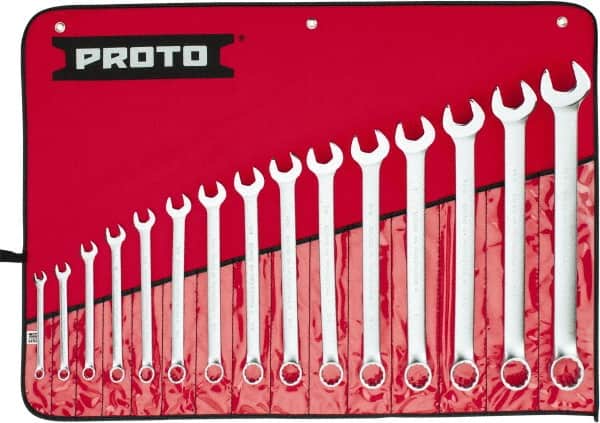 Proto - 15 Piece, 5/16 to 1-1/4", Combination Wrench Set - Inch System of Measurement, Satin Finish, Comes in Nylon Roll - Americas Industrial Supply