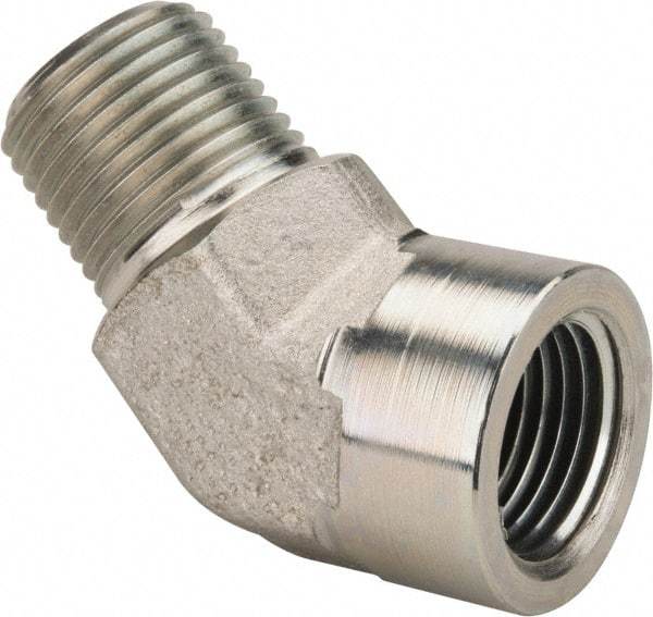 Parker - 1/2 Male Thread x 1/2 Female Thread, Zinc Plated Steel Industrial Pipe 45° Street Elbow - MNPTF x FNPTF, 3,000 psi - Americas Industrial Supply