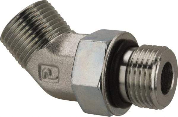 Parker - 1/2" OD, Steel Zinc Plated Male 45° Elbow - 6,000 Max Working psi, O-Ring Face Seal/SAE-ORB Ends - Americas Industrial Supply