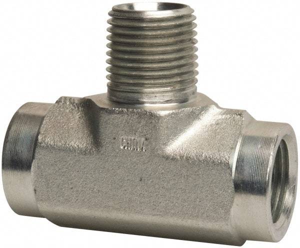 Parker - 1/2 Male Thread x 1/2 Female Thread, Zinc Plated Steel Industrial Pipe Male Branch Tee - MNPTF x FNPTF, 3,000 psi - Americas Industrial Supply