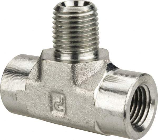 Parker - 1/4 Male Thread x 1/4 Female Thread, Zinc Plated Steel Industrial Pipe Male Branch Tee - MNPTF x FNPTF, 5,000 psi - Americas Industrial Supply