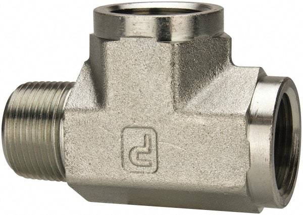 Parker - 1 Male Thread x 1 Female Thread, Zinc Plated Steel Industrial Pipe Street Tee - MNPTF x FNPTF, 1,800 psi - Americas Industrial Supply