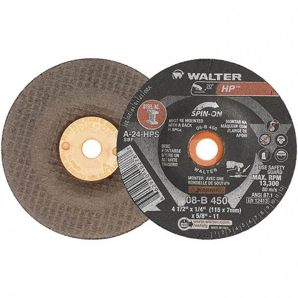 WALTER Surface Technologies - 24 Grit, 4-1/2" Wheel Diam, 1/4" Wheel Thickness, Type 27 Depressed Center Wheel - Aluminum Oxide, 13,300 Max RPM - Americas Industrial Supply