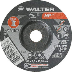 WALTER Surface Technologies - 24 Grit, 4" Wheel Diam, 1/4" Wheel Thickness, 5/8" Arbor Hole, Type 27 Depressed Center Wheel - Aluminum Oxide, Resinoid Bond, 15,000 Max RPM - Americas Industrial Supply