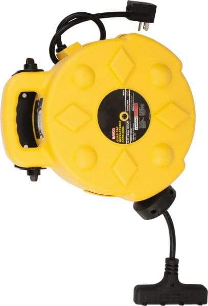 Bayco - 12 AWG, 50' Cable Length, Cord & Cable Reel with Outlet End - 4 Outlets, NEMA 5-15R, 15 Amps, SJTW Cable, Yellow Reel - Americas Industrial Supply