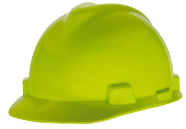 MSA - ANSI Type I, Class E Rated, 4-Point, Ratchet Adjustment Hard Hat - Hi-Viz Lime Green, Standard Brim - Americas Industrial Supply