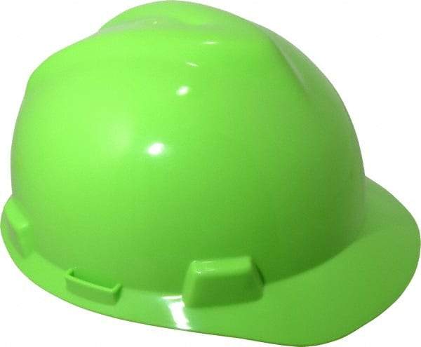 MSA - ANSI Type I, Class E Rated, 4-Point, Pin Lock Adjustment Hard Hat - One Size Fits Most, Hi-Viz Lime Green, Standard Brim - Americas Industrial Supply
