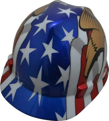 MSA - ANSI Type I, Class E Rated, 4-Point, Ratchet Adjustment Hard Hat - Size 6-1/2 to 8, Colored Graphics, Standard Brim, American Flag with Eagles - Americas Industrial Supply