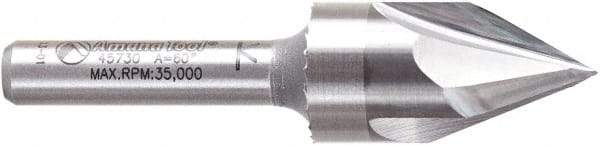 Amana Tool - 9/16" Cut Diam, 1/2" Length of Cut, 3 Flute V-Groove Edge Profile Router Bit - Solid Carbide, 1/4" Shank Diam, 2-1/4" OAL, Uncoated - Americas Industrial Supply