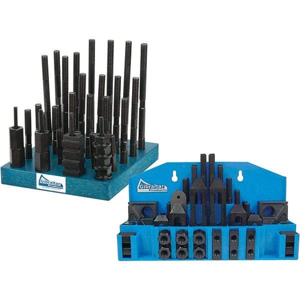 Gibraltar - 52 Piece Fixturing Step Block & Clamp Set with 1" Step Block, 9/16" T-Slot, 1/2-13 Stud Thread - 7/8" Nut Width, 4 & 5" Stud Lengths - Americas Industrial Supply