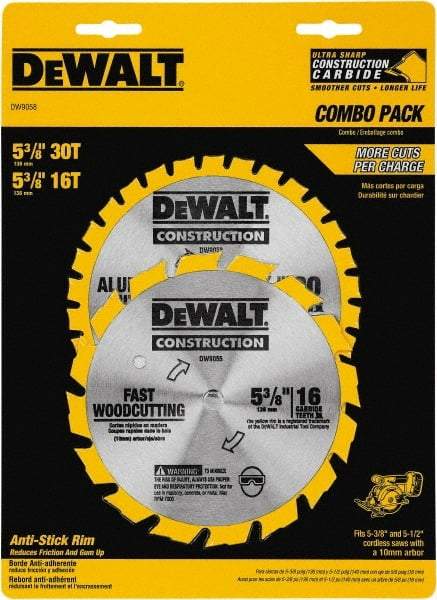 DeWALT - 5-3/8" Diam, 0.3937" Arbor Hole Diam, 16 & 30 Tooth Wet & Dry Cut Saw Blade - Tungsten Carbide-Tipped, Fast Cutting Action, Diamond Arbor - Americas Industrial Supply