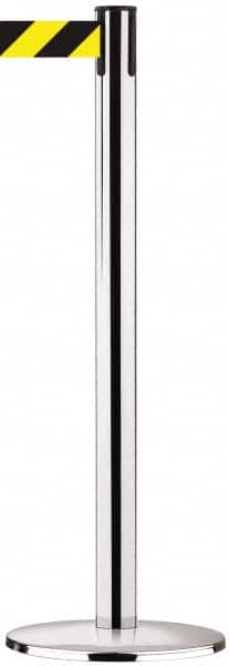 Tensator - 38-1/2" High, 2-1/2" Pole Diam, Tensabarrier Post - 13-1/2" Base Diam, Round Cast Iron with Pressed Steel Cover Base, Polished Chrome (Color) 7-1/2' Tape - Americas Industrial Supply