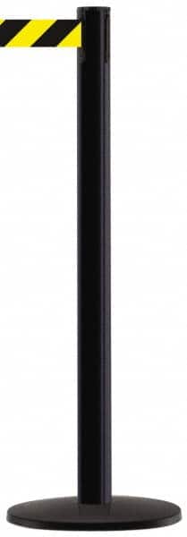 Tensator - 38" High, 2-1/2" Pole Diam, Barricade Tape Dispenser - 14" Base Diam, Round Stainless Steel Base, Black Steel Post, 13' x 1-7/8" Tape, Single Line Tape, For Outdoor Use - Americas Industrial Supply
