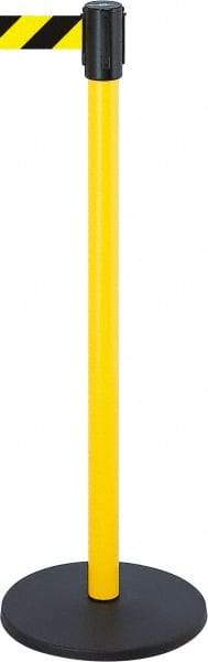 Tensator - 38-1/2" High, 2" Pole Diam, Tensabarrier Post - 13-1/2" Base Diam, Round Stainless Steel Base, Yellow 7-1/2' Tape - Americas Industrial Supply