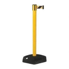 Tensator - 38-1/4" High, 2-1/2" Pole Diam, Tensabarrier Post - 19" Base Diam, UPVC Base, Yellow Plastic Post, 7-1/2' Tape, Single Line Tape, For Outdoor Use - Americas Industrial Supply