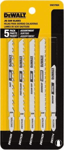 DeWALT - 5 Piece, 3" to 5" Long, 6 to 18 Teeth per Inch, Bi-Metal Jig Saw Blade Set - Toothed Edge, T-Shank - Americas Industrial Supply