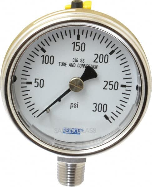 Wika - 2-1/2" Dial, 1/4 Thread, 0-300 Scale Range, Pressure Gauge - Lower Connection Mount, Accurate to 2-1-2% of Scale - Americas Industrial Supply