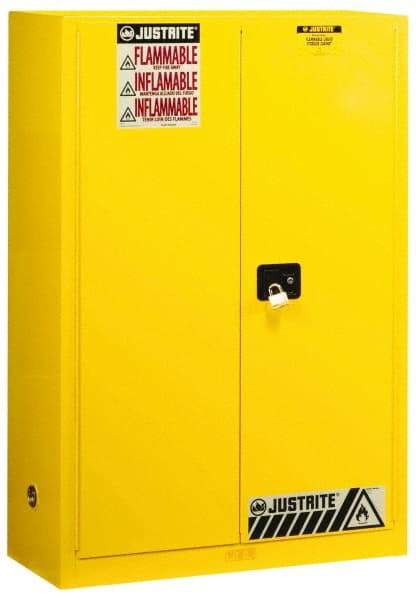 Justrite - 2 Door, 2 Shelf, Yellow Steel Standard Safety Cabinet for Flammable and Combustible Liquids - 65" High x 43" Wide x 18" Deep, Manual Closing Door, 3 Point Key Lock, 45 Gal Capacity - Americas Industrial Supply