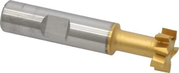 Made in USA - 21/32" Cut Diam, 17/64" Cut Width, 21/64" Neck Diam, 1/2" Shank Diam, 2-11/16" OAL, High Speed Steel T-Slot Cutter - TiN Finish, 5/16" Bolt, 1-13/16" Shank Length, Staggered Teeth, 8 Teeth, Weldon Flat - Americas Industrial Supply