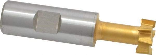 Made in USA - 25/32" Cut Diam, 21/64" Cut Width, 13/32" Neck Diam, 3/4" Shank Diam, 3-1/4" OAL, High Speed Steel T-Slot Cutter - TiN Finish, 3/8" Bolt, 2-1/16" Shank Length, Staggered Teeth, 8 Teeth, Weldon Flat - Americas Industrial Supply