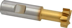 Made in USA - 31/32" Cut Diam, 25/64" Cut Width, 17/32" Neck Diam, 3/4" Shank Diam, 3-7/16" OAL, High Speed Steel T-Slot Cutter - TiN Finish, 1/2" Bolt, 2-1/16" Shank Length, Staggered Teeth, 8 Teeth, Weldon Flat - Americas Industrial Supply