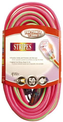 Southwire - 50', 12/3 Gauge/Conductors, Pink/Lime Green Outdoor Extension Cord - 1 Receptacle, 15 Amps, 125 VAC, UL SJTW, NEMA 5-15P, 5-15R - Americas Industrial Supply