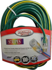 Southwire - 100', 12/3 Gauge/Conductors, Green/Yellow Outdoor Extension Cord - 1 Receptacle, 15 Amps, 125 VAC, UL SJTW, NEMA 5-15P, 5-15R - Americas Industrial Supply