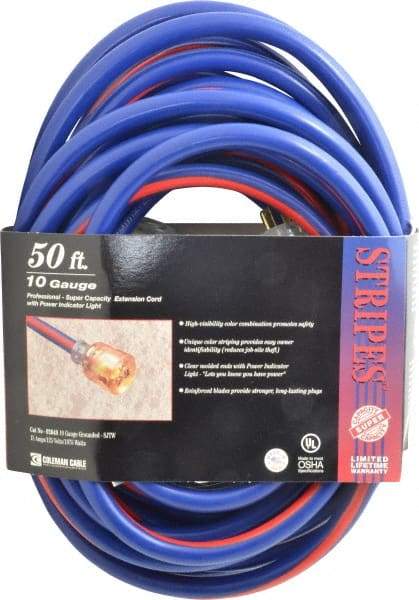 Southwire - 50', 10/3 Gauge/Conductors, Blue/Red Outdoor Extension Cord - 1 Receptacle, 15 Amps, 125 VAC, UL SJTW, NEMA 5-15P, 5-15R - Americas Industrial Supply