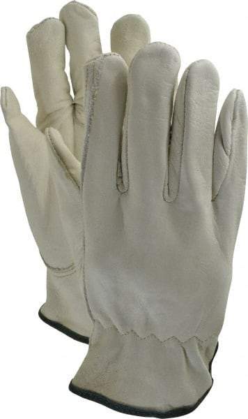 MCR Safety - Size M (8) Grain Cowhide General Protection Work Gloves - For Work & Driver, Uncoated, Slip-On Cuff, Full Fingered, Cream/Green, Paired - Americas Industrial Supply