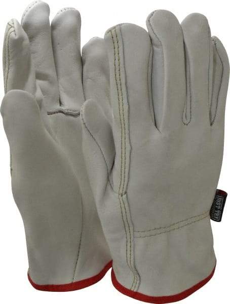 MCR Safety - Size S (7) Grain Cowhide General Protection Work Gloves - For Work & Driver, Uncoated, Slip-On Cuff, Full Fingered, Cream/Red, Paired - Americas Industrial Supply
