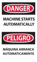 NMC - Accident Prevention Label, Header: DANGER - Legend: Danger - Machine Starts Automatically, English & Spanish, Black, Red & White, 3" Long x 5" High, Sign Muscle Finish - Americas Industrial Supply