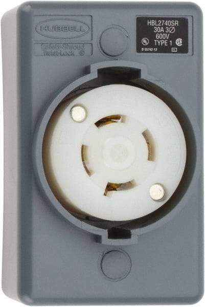 Hubbell Wiring Device-Kellems - 600 VAC, 30 Amp, L17-30R NEMA, Self Grounding Receptacle - 3 Poles, 4 Wire, Female End, Gray - Americas Industrial Supply