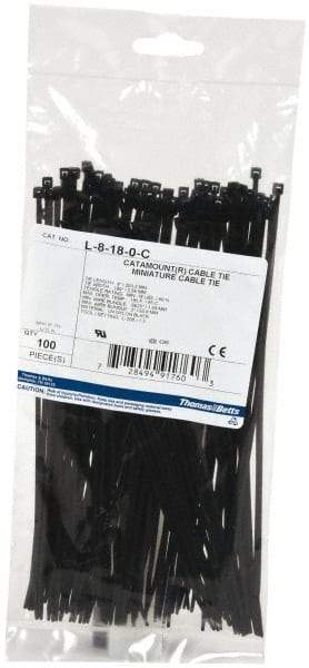 Thomas & Betts - 8" Long Black Nylon Standard Cable Tie - 18 Lb Tensile Strength, 1.13mm Thick, 2" Max Bundle Diam - Americas Industrial Supply