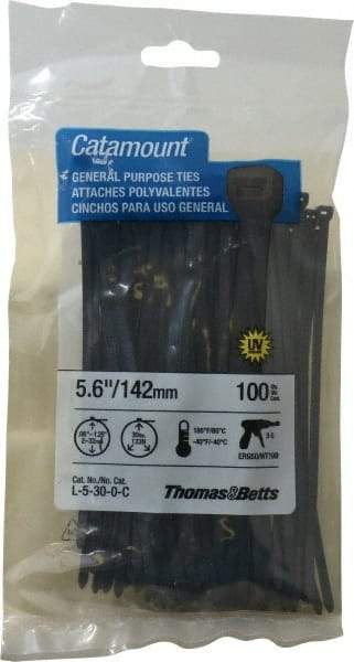 Thomas & Betts - 5.6" Long Black Nylon Standard Cable Tie - 30 Lb Tensile Strength, 1.21mm Thick, 1-1/4" Max Bundle Diam - Americas Industrial Supply