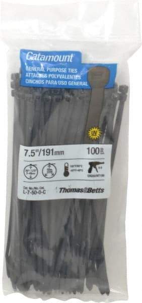 Thomas & Betts - 7-1/2" Long Black Nylon Standard Cable Tie - 50 Lb Tensile Strength, 1.35mm Thick, 5/8" Max Bundle Diam - Americas Industrial Supply