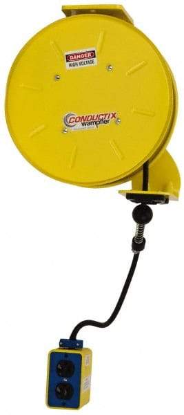 Conductix - 16 AWG, 25' Cable Length, Cord & Cable Reel with Outlet End - 3 Outlets, NEMA 5-15R, 10 Amps, 125 Volts, SOOW-A Cable, Yellow Reel, Spring Driven Reel - Americas Industrial Supply