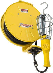 Conductix - 16 AWG, 25' Cable Length, Cord & Cable Reel with Incandescent Hand Lamp End - 1 Outlet, NEMA 5-15R, 10 Amps, 125 Volts, SOOW-A Cable, Yellow Reel, Spring Driven Reel - Americas Industrial Supply