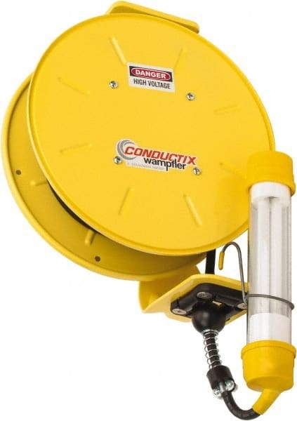 Conductix - 16 AWG, 35' Cable Length, Cord & Cable Reel with Fluorescent Hand Lamp End - 0 Outlets, 10 Amps, SOOW-A Cable, Yellow Reel, Spring Driven Reel - Americas Industrial Supply