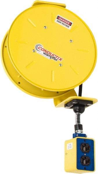 Conductix - 16 AWG, 50' Cable Length, Cord & Cable Reel with Outlet End - 3 Outlets, NEMA 5-15R, 10 Amps, 125 Volts, SOOW-A Cable, Yellow Reel, Spring Driven Reel - Americas Industrial Supply