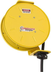 Conductix - 14 AWG, 30' Cable Length, Cord & Cable Reel with Bare End - 3 Outlets, NEMA 5-15R, 15 Amps, SEOW-A Cable, Yellow Reel, Spring Driven Reel - Americas Industrial Supply