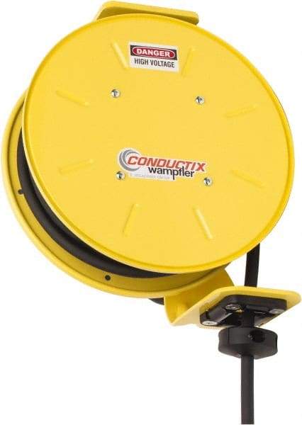 Conductix - 12 AWG, 30' Cable Length, Cord & Cable Reel with Bare End - 3 Outlets, NEMA 5-20R, 20 Amps, SEOW-A Cable, Yellow Reel, Spring Driven Reel - Americas Industrial Supply