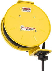 Conductix - 14 AWG, 40' Cable Length, Cord & Cable Reel with Bare End - 3 Outlets, NEMA 5-15R, 15 Amps, SEOW-A Cable, Yellow Reel, Spring Driven Reel - Americas Industrial Supply