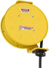 Conductix - 14 AWG, 20' Cable Length, Cord & Cable Reel with Bare End - 4 Outlets, NEMA 5-15R, 12 Amps, SEOW-A Cable, Yellow Reel, Spring Driven Reel - Americas Industrial Supply