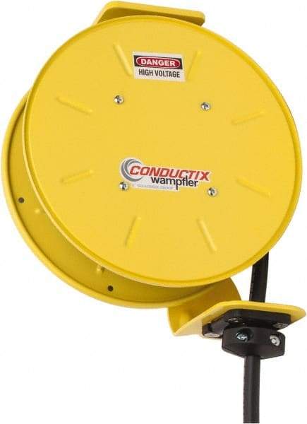 Conductix - 12 AWG, 20' Cable Length, Cord & Cable Reel with Bare End - 4 Outlets, NEMA 5-15R, 16 Amps, SEOW-A Cable, Yellow Reel, Spring Driven Reel - Americas Industrial Supply