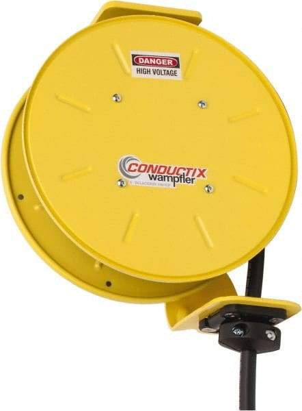 Conductix - 14 AWG, 30' Cable Length, Cord & Cable Reel with Bare End - 4 Outlets, NEMA 5-15R, 12 Amps, SEOW-A Cable, Yellow Reel, Spring Driven Reel - Americas Industrial Supply