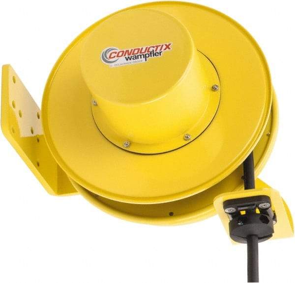 Conductix - 14 AWG, 40' Cable Length, Cord & Cable Reel with Bare End - 4 Outlets, NEMA 5-15R, 12 Amps, SEOW-A Cable, Yellow Reel, Spring Driven Reel - Americas Industrial Supply