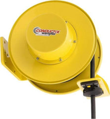 Conductix - 12 AWG, 40' Cable Length, Cord & Cable Reel with Bare End - 4 Outlets, NEMA 5-15R, 16 Amps, SEOW-A Cable, Yellow Reel, Spring Driven Reel - Americas Industrial Supply