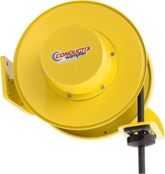 Conductix - 10 AWG, 50' Cable Length, Cord & Cable Reel with Bare End - 4 Outlets, NEMA 5-20R, 20 Amps, SEOW-A Cable, Yellow Reel, Spring Driven Reel - Americas Industrial Supply