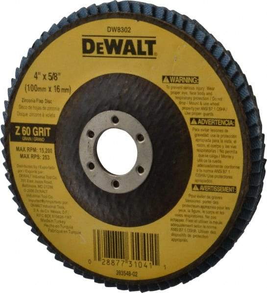 DeWALT - 60 Grit, 4" Disc Diam, 5/8" Center Hole, Type 27 Zirconia Alumina Flap Disc - 15,200 Max RPM, Fiberglass Backing, Arbor Attaching System, Coated - Americas Industrial Supply
